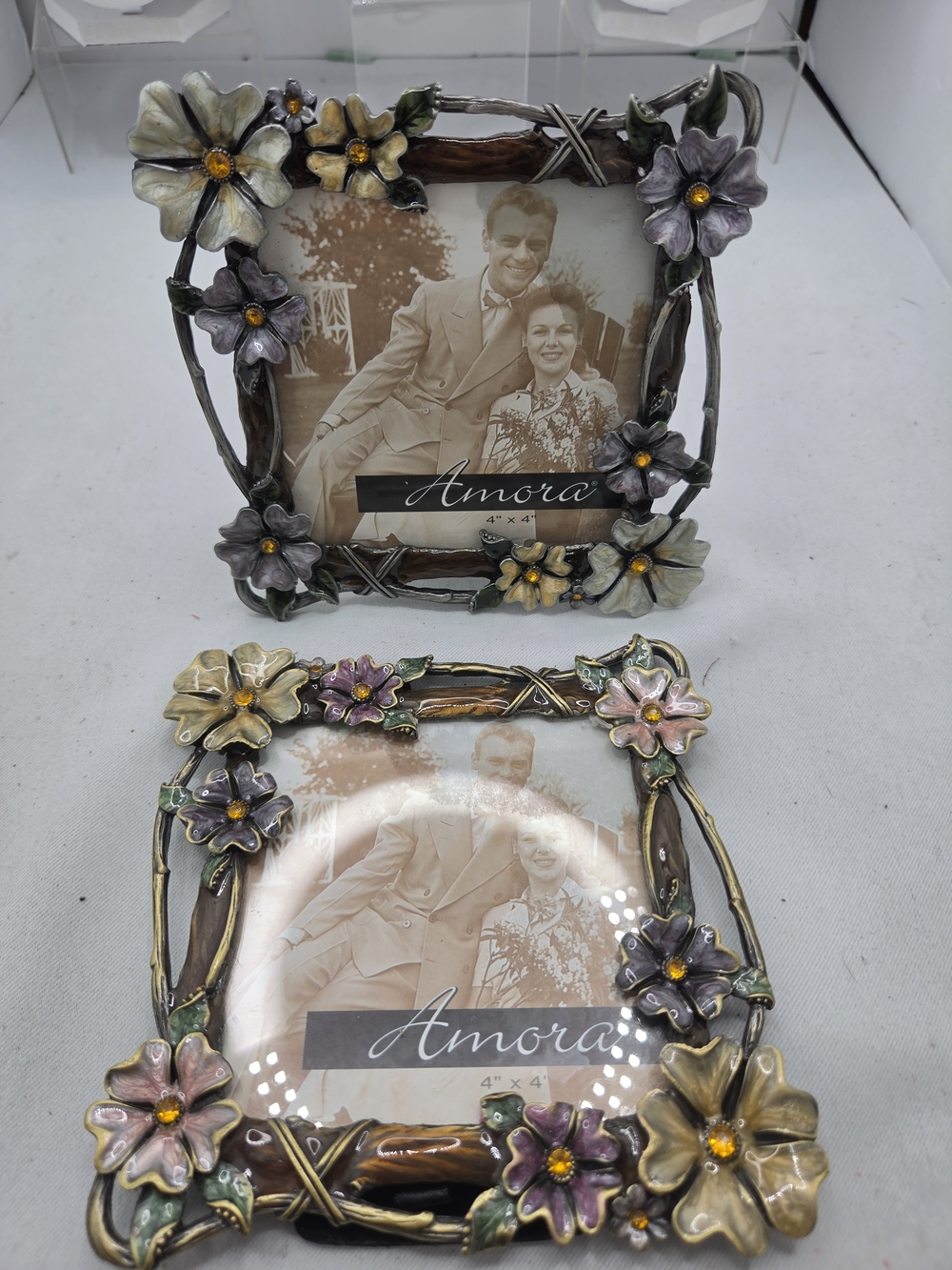 Vintage Amora Floral Picture Frames Pair Enamel Jeweled 4x4 Tabletop Decor Set